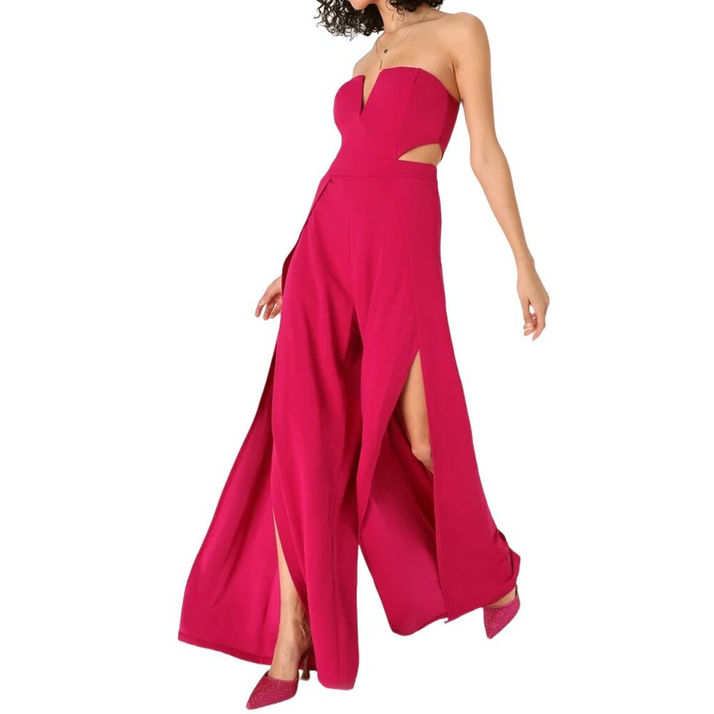 Backless Notched Neck Bare Shoulders Split Wide Pants Strapless Tube Jumpsuit - Picture 3 of 7